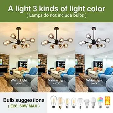 SZXYKEJI 8 Light Chandelier Pendant Lighting Black with Glass Globes Classic Vintage Sputnik Ceiling Light Fixture for Kitchen Living Room Dining Room Bedroom Farmhouse..