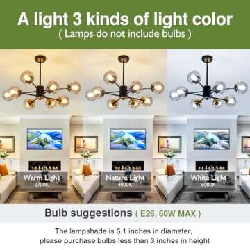 SZXYKEJI 8 Light Chandelier Pendant Lighting Black with Glass Globes Classic Vintage Sputnik Ceiling Light Fixture for Kitchen Living Room Dining Room Bedroom Farmhouse..