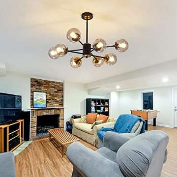 SZXYKEJI 8 Light Chandelier Pendant Lighting Black with Glass Globes Classic Vintage Sputnik Ceiling Light Fixture for Kitchen Living Room Dining Room Bedroom Farmhouse..