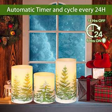 PETRISTRIKE Christmas Flameless Candles with Timer, Battery Operated Wax Led Pillar Candles, Christm...
