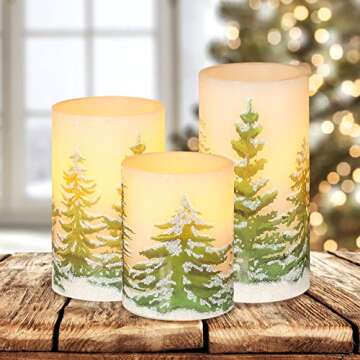 PETRISTRIKE Christmas Flameless Candles with Timer, Battery Operated Wax Led Pillar Candles, Christmas Tree Flickering Candles for Holiday Home Decor, Gift Set of 3