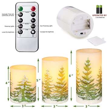 PETRISTRIKE Christmas Flameless Candles with Timer, Battery Operated Wax Led Pillar Candles, Christmas Tree Flickering Candles for Holiday Home Decor, Gift Set of 3