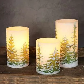 PETRISTRIKE Christmas Flameless Candles with Timer, Battery Operated Wax Led Pillar Candles, Christmas Tree Flickering Candles for Holiday Home Decor, Gift Set of 3