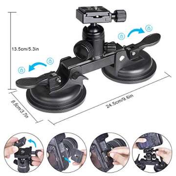 Professional Heavy Duty (20 lbs Load) DSLR Mirorrless Camera Suction Cup Car Mount Camcorder Vehicle Holder w/ 360°Panorama Ball Head + Quick Release Plate Compatible with Nikon Canon Sony RED BM