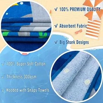 Big Kids Bath Towels with Hood - Shark Design 64"x26"