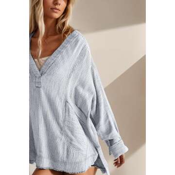 Ythomm Women Striped Oversized T-Shirts Long Sleeve Deep V Neck Pullover Tunic Tee Tops Vintage Casual Loose Side Slit Blouse Blue, X-Large