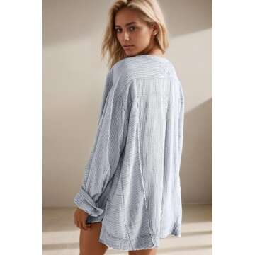 Ythomm Women Striped Oversized T-Shirts Long Sleeve Deep V Neck Pullover Tunic Tee Tops Vintage Casual Loose Side Slit Blouse Blue, X-Large