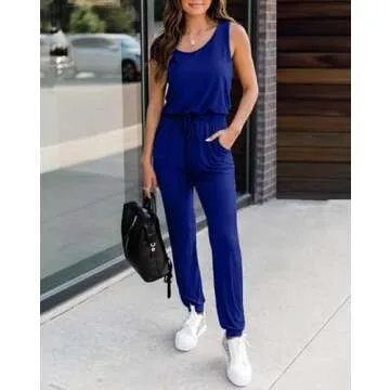 KIRUNDO Women's 2025 Summer Jumpsuits Casual Sleeveless Jumpsuit Drawstring Waist Long Pant Romper Pajama with Pockets(Blue, Medium)
