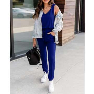 KIRUNDO Women's 2025 Summer Jumpsuits Casual Sleeveless Jumpsuit Drawstring Waist Long Pant Romper Pajama with Pockets(Blue, Medium)