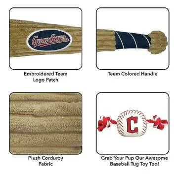 MLB Cleveland Guardians Baseball Bat Toy for DOGS & CATS. Soft Corduroy Plush Dog Toy with Inner SQUEAKER, MLB Chew Toys for Dogs or Cats. Durable Fun Interactive Dog Toy with Team Names and Logo