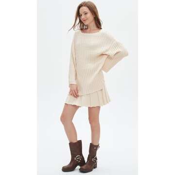 EZAPINE Womens Sweater Skirt Set Oversized Casual Loose Knit Sweater Pleated A Line Mini Skirt 2 Piece Outfits