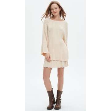 EZAPINE Womens Sweater Skirt Set Oversized Casual Loose Knit Sweater Pleated A Line Mini Skirt 2 Piece Outfits