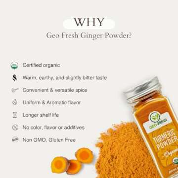 Geo-Fresh Organic Turmeric Ground, 1.76 oz (50g), More than 3% curcumin, Non-GMO, Kosher, 100% Organic, Gluten Free, USDA Certified