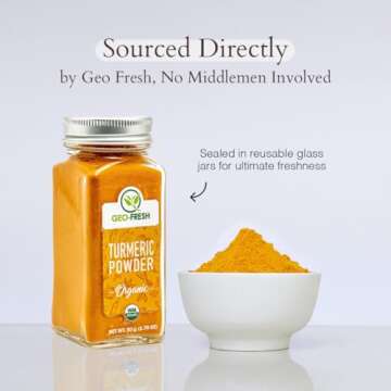 Geo-Fresh Organic Turmeric Ground, 1.76 oz (50g), More than 3% curcumin, Non-GMO, Kosher, 100% Organic, Gluten Free, USDA Certified