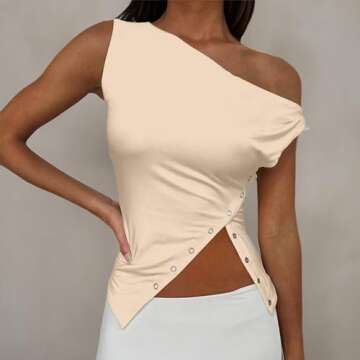 SAFRISIOR Women One Shoulder Button Sexy Crop Top Solid Sleeveless Off Shoulder Asymmetric Crop Tank...