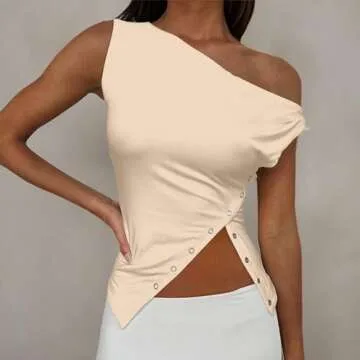 SAFRISIOR Women One Shoulder Button Sexy Crop Top Solid Sleeveless Off Shoulder Asymmetric Crop Tank...