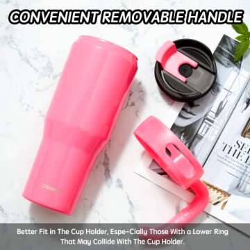 Zibtes 40oz Insulated Tumbler with handle and Lid Straws, Stainless Steel Travel Coffee Cup Holder Friendly, Metal Water Bottle Keeps Drinks Cold up to 34 Hours(Hot Pink 1 pack)