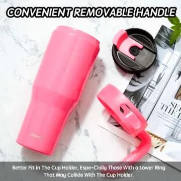 Zibtes 40oz Insulated Tumbler with handle and Lid Straws, Stainless Steel Travel Coffee Cup Holder Friendly, Metal Water Bottle Keeps Drinks Cold up to 34 Hours(Hot Pink 1 pack)