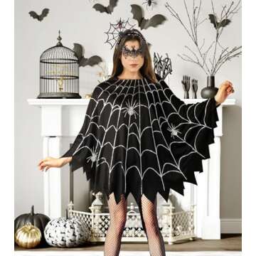 CONGRU 3 Pcs Spider Web Poncho for Women,Spider Web Costume Dress with Headband& Mask,Halloween Costume for Women