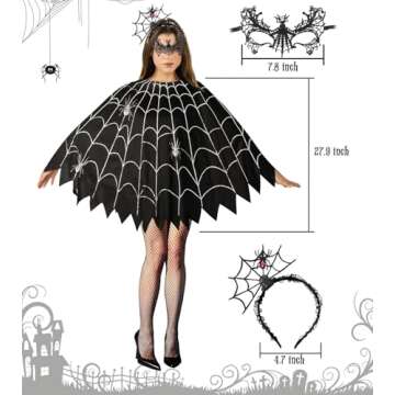 CONGRU 3 Pcs Spider Web Poncho for Women,Spider Web Costume Dress with Headband& Mask,Halloween Costume for Women