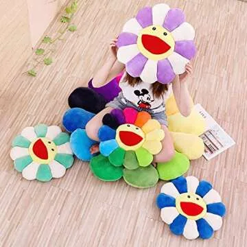 Plush Sunflower Throw Pillow, Smile Face Floor Pillow, Colorful Sun Flower Plush Toy, Home Bedroom Shop Restaurant Decor(Colorful)