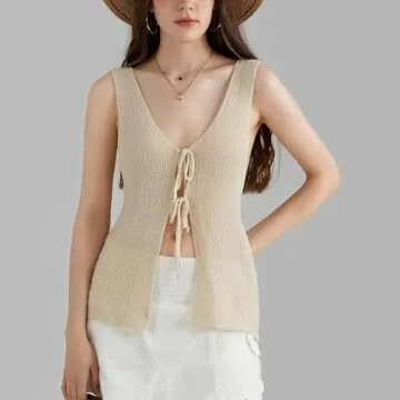 Sastianaen Women Crochet Knit Vest Top Y2k Button Down Sweater Tank Top Open Front Sleeveless Crop T...
