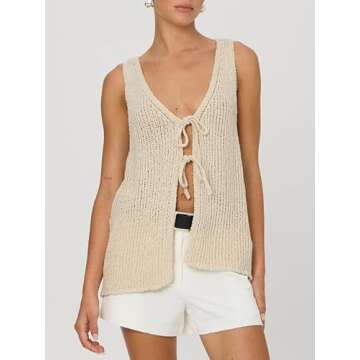 Sastianaen Women Crochet Knit Vest Top Y2k Button Down Sweater Tank Top Open Front Sleeveless Crop Top Summer Streetwear(5-A-Beige,s), Small