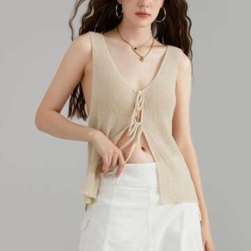 Sastianaen Women Crochet Knit Vest Top Y2k Button Down Sweater Tank Top Open Front Sleeveless Crop Top Summer Streetwear(5-A-Beige,s), Small