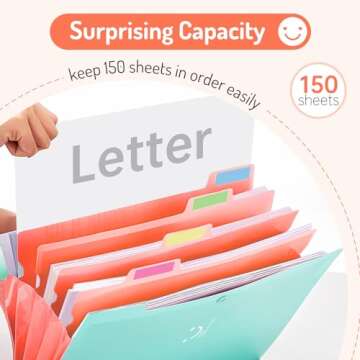 Forvencer Accordion File Organizer, Letter Size, 5 Pocket Expanding File Folder, Cute File Folder with Labels, Portable File Organizer for School Office Supplies, Folders for Documents, Jade