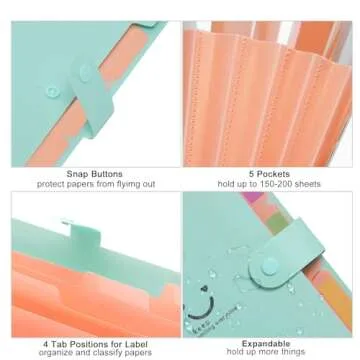 Forvencer Accordion File Organizer, Letter Size, 5 Pocket Expanding File Folder, Cute File Folder with Labels, Portable File Organizer for School Office Supplies, Folders for Documents, Jade