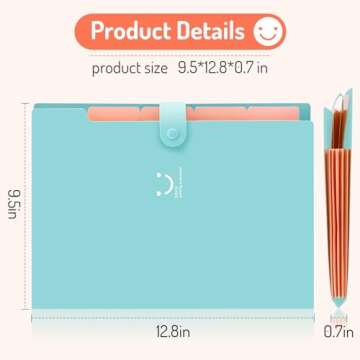 Forvencer Accordion File Organizer, Letter Size, 5 Pocket Expanding File Folder, Cute File Folder with Labels, Portable File Organizer for School Office Supplies, Folders for Documents, Jade