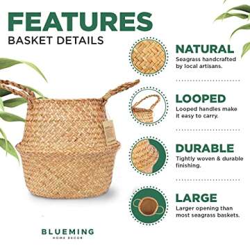 Blueming Home Decor Tree Basket – Wicker Seagrass Planter for Tall Indoor Plants