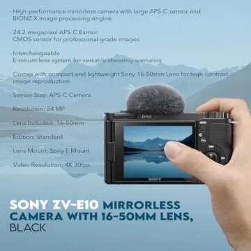 Sony ZV-E10 APS-C Mirrorless Interchangeable Lens Vlogging Camera with 16-50mm Lens, Black - Bundle with 64GB SD Card, Shoulder Bag, 40.5mm Filter Kit