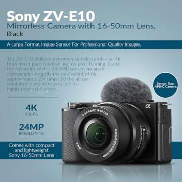 Sony ZV-E10 APS-C Mirrorless Interchangeable Lens Vlogging Camera with 16-50mm Lens, Black - Bundle with 64GB SD Card, Shoulder Bag, 40.5mm Filter Kit