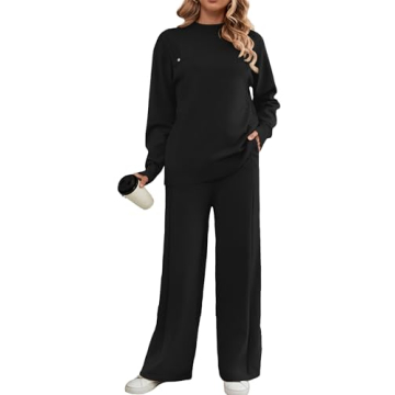 SuperPrity Lounge Sets for Women Two Piece Outfits Knit Sweater Top Wide Leg Pants Matching Sets Swe...