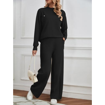 SuperPrity Lounge Sets for Women Two Piece Outfits Knit Sweater Top Wide Leg Pants Matching Sets Sweatsuits 2024 Fall Fashion-L,Black