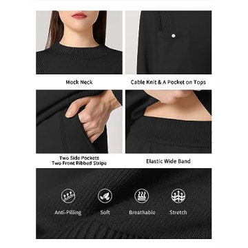 SuperPrity Lounge Sets for Women Two Piece Outfits Knit Sweater Top Wide Leg Pants Matching Sets Sweatsuits 2024 Fall Fashion-L,Black