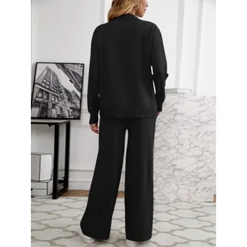 SuperPrity Lounge Sets for Women Two Piece Outfits Knit Sweater Top Wide Leg Pants Matching Sets Sweatsuits 2024 Fall Fashion-L,Black