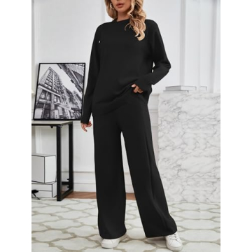 SuperPrity Lounge Sets for Women Two Piece Outfits Knit Sweater Top Wide Leg Pants Matching Sets Sweatsuits 2024 Fall Fashion-L,Black
