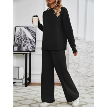 SuperPrity Lounge Sets for Women Two Piece Outfits Knit Sweater Top Wide Leg Pants Matching Sets Sweatsuits 2024 Fall Fashion-L,Black