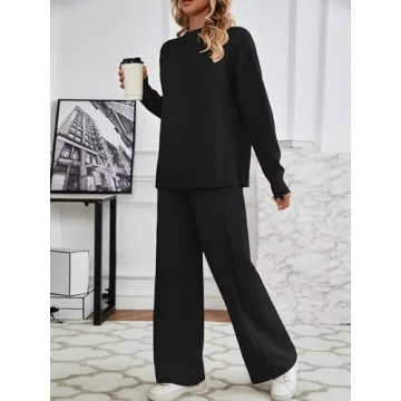 SuperPrity Lounge Sets for Women Two Piece Outfits Knit Sweater Top Wide Leg Pants Matching Sets Sweatsuits 2024 Fall Fashion-L,Black