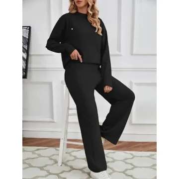 SuperPrity Lounge Sets for Women Two Piece Outfits Knit Sweater Top Wide Leg Pants Matching Sets Sweatsuits 2024 Fall Fashion-L,Black