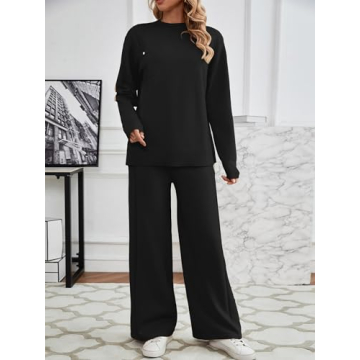 SuperPrity Lounge Sets for Women Two Piece Outfits Knit Sweater Top Wide Leg Pants Matching Sets Sweatsuits 2024 Fall Fashion-L,Black