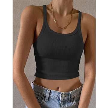 MISSACTIVER Women’s Basic Rib Knit Crop Tank Top Casual Solid Scoop Neck Sleeveless Crop Top Camisole Black