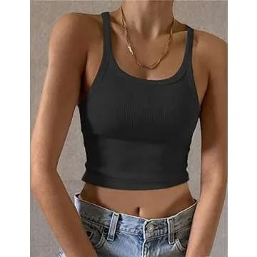 MISSACTIVER Women’s Basic Rib Knit Crop Tank Top Casual Solid Scoop Neck Sleeveless Crop Top Camisole Black