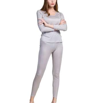 Grenasasilk Womens Silk Long Underwear Mulberry Silk Long Johns Silk Thermal Underwear Sets Cold Weather Base Layer (M, Silver grey)