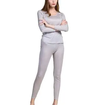 Grenasasilk Womens Silk Long Underwear Mulberry Silk Long Johns Silk Thermal Underwear Sets Cold Weather Base Layer (M, Silver grey)
