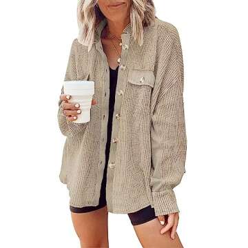 Women Henley Neck Button Down Blouse Waffle Knit Shacket Batwing Sleeves Casual Boyfriend Tops Shirt...