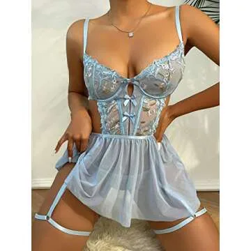 WDIRARA Women's Floral Embroidery Babydoll Lingerie