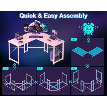 Casaottima L Shaped Gaming Desk, Corner Desk Gaming Table for Home Office, Computer Desk Sturdy Writing Workstation for Small Space, Easy to Assemble, 51 inch, Carbon Fiber Surface, Pink
